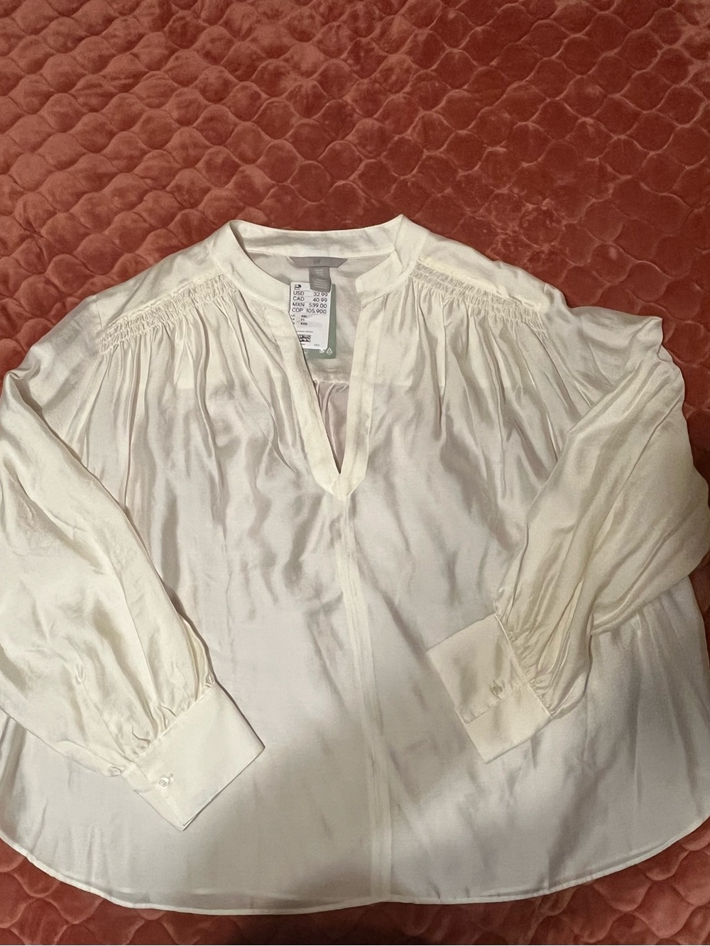H & M Women's Cream V-Neck Long Sleeve Blouse with button cuffs